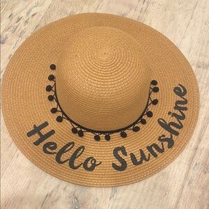 Tan Straw Sun Hat with Black Pom Pom Trim